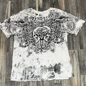 🔥☠️ AFFLICTION Los Angeles T-SHIRT 2XL White/Black - Fedor Vs Barnett MMA - EUC